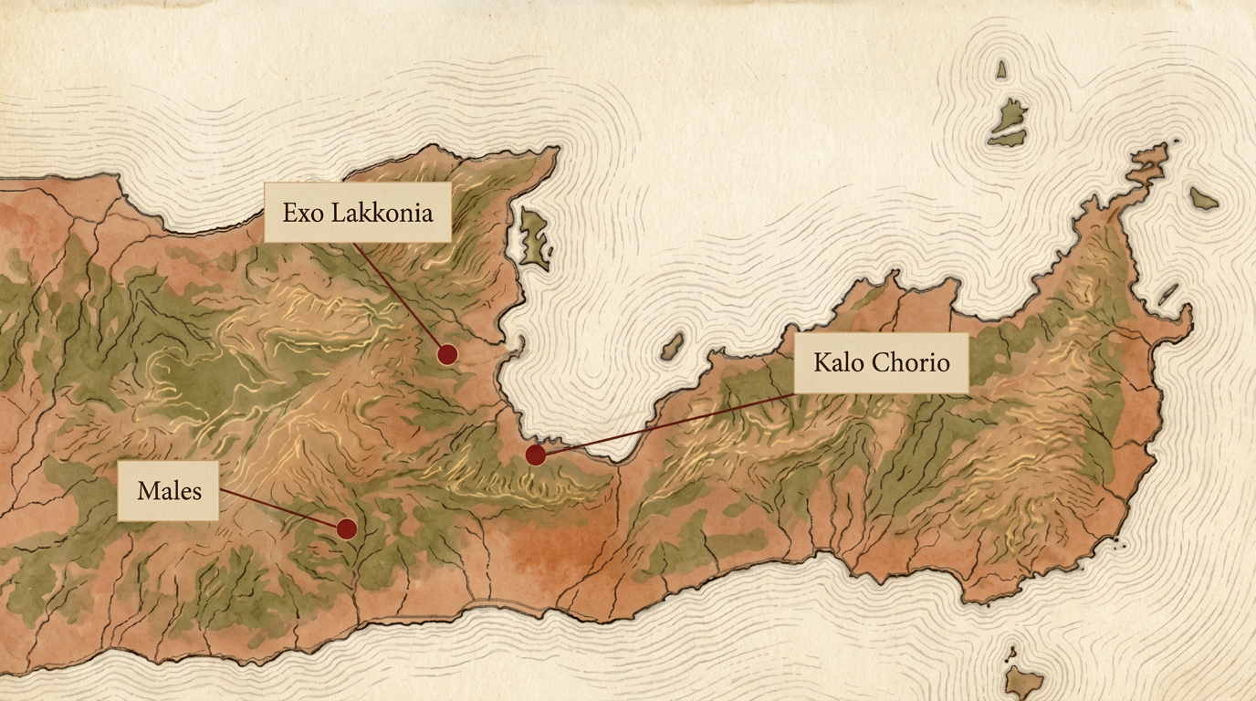 Illustrated artistic map of East Crete showing the Vorno olive groves